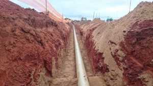 Perfectly laid sewer pipeline awaiting selected fill blanket